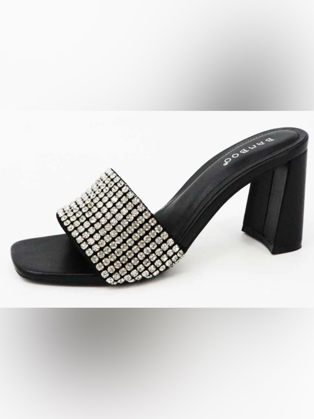 Bamboo Rhinestone Slide Sandals Block Heel Black Size 7.5 Glam